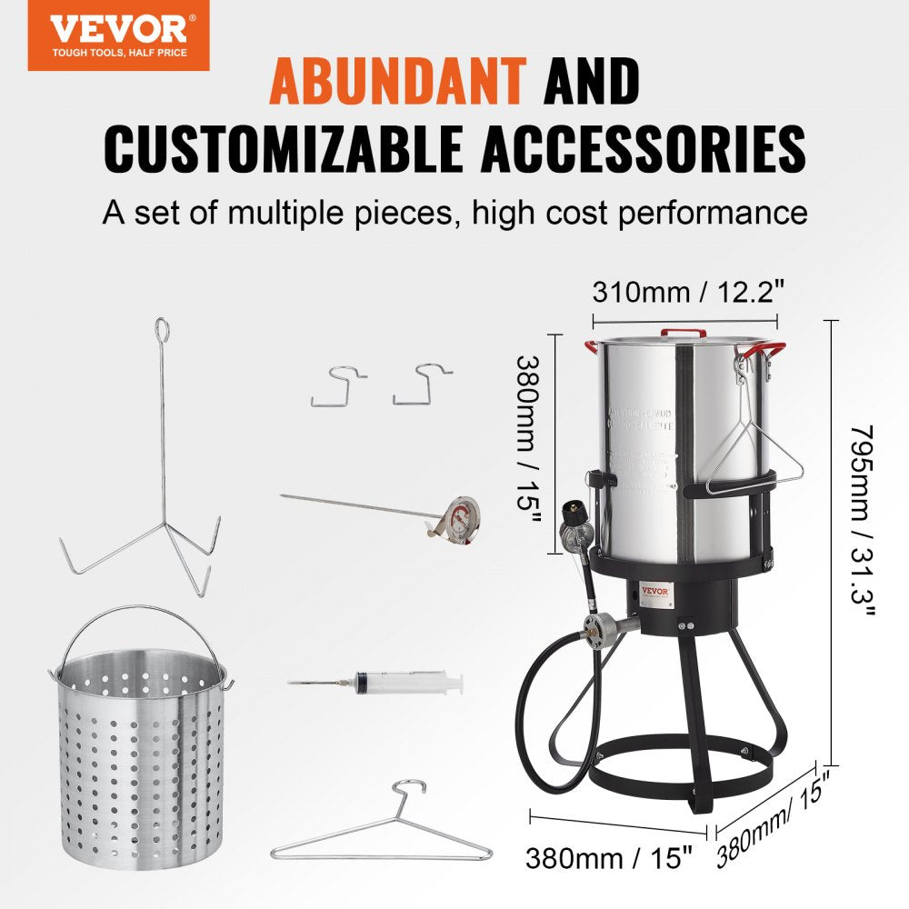 VEVOR Turkey Deep Fryer, 30-qt Turkey Fryer Boiler Steamer Cooker Set, Outdoor Aluminum Seafood Frying Pot, 54,000 BTU Burner Propane Gas Boiler, Includes Basket, Perforated Poultry Rack, Thermometer 