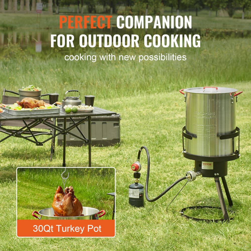 VEVOR Turkey Deep Fryer, 30-qt Turkey Fryer Boiler Steamer Cooker Set, Outdoor Aluminum Seafood Frying Pot, 54,000 BTU Burner Propane Gas Boiler, Includes Basket, Perforated Poultry Rack, Thermometer 