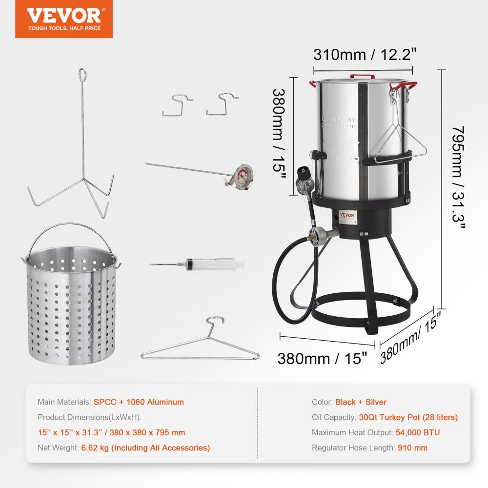 VEVOR Turkey Deep Fryer, 30-qt Turkey Fryer Boiler Steamer Cooker Set, Outdoor Aluminum Seafood Frying Pot, 54,000 BTU Burner Propane Gas Boiler, Includes Basket, Perforated Poultry Rack, Thermometer 