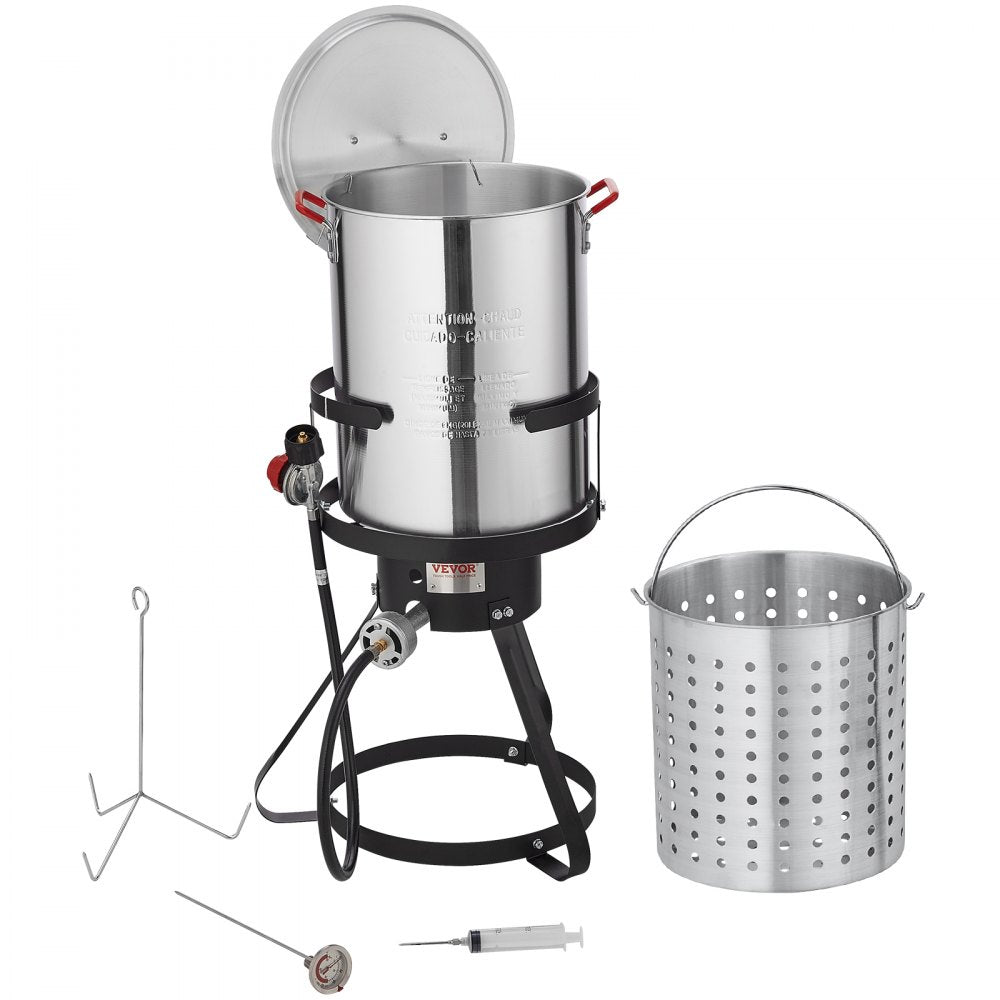 VEVOR Turkey Deep Fryer, 30-qt Turkey Fryer Boiler Steamer Cooker Set, Outdoor Aluminum Seafood Frying Pot, 54,000 BTU Burner Propane Gas Boiler, Includes Basket, Perforated Poultry Rack, Thermometer 