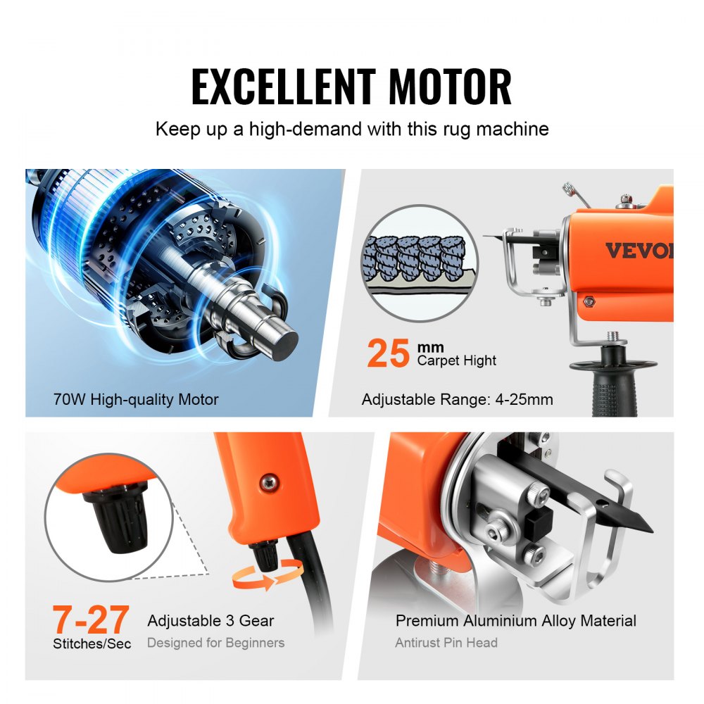 VEVOR Tufting Gun, 2 in 1 Cut & Loop Pile, Electric Carpet Weaving Flocking Machine, Rug Machines Starter Kit, 7-27 Stitches/sec High Speed Rug Making Tools, 4-25 mm Adjustable Height, 110V 