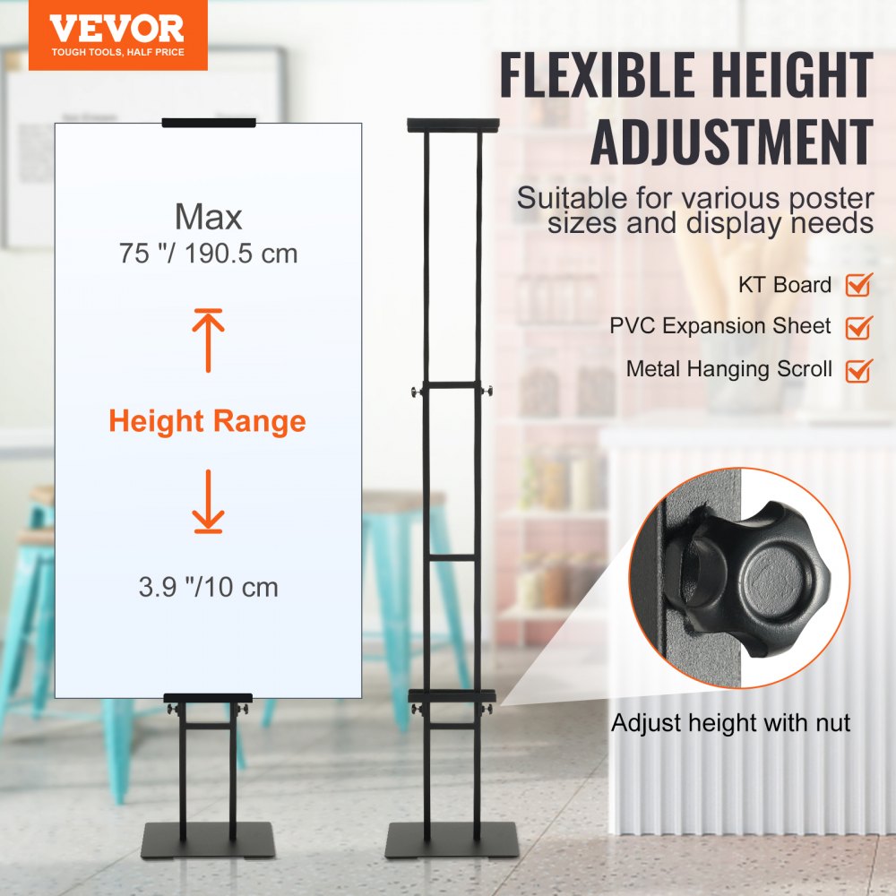 VEVOR Poster Stand, Adjustable Height Up to 75", Double-Sided Heavy Duty Pedestal Sign Holder, Floor Standing Sign Holder Banner Stand with Shock-absorbing Base for Display, for Board and Foam, Black 