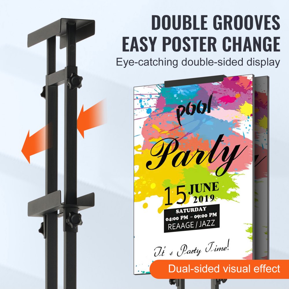 VEVOR Poster Stand, Adjustable Height Up to 75", Double-Sided Heavy Duty Pedestal Sign Holder, Floor Standing Sign Holder Banner Stand with Shock-absorbing Base for Display, for Board and Foam, Black 