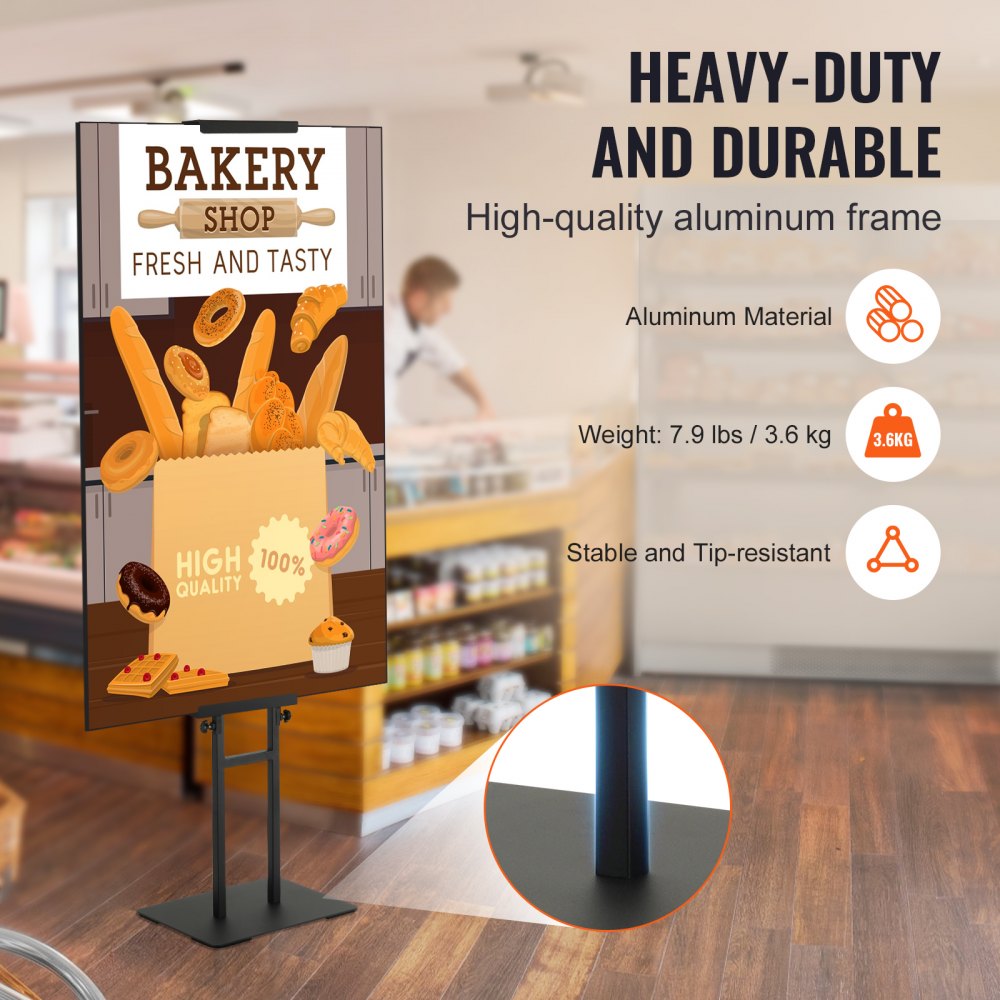 VEVOR Poster Stand, Adjustable Height Up to 75", Double-Sided Heavy Duty Pedestal Sign Holder, Floor Standing Sign Holder Banner Stand with Shock-absorbing Base for Display, for Board and Foam, Black 