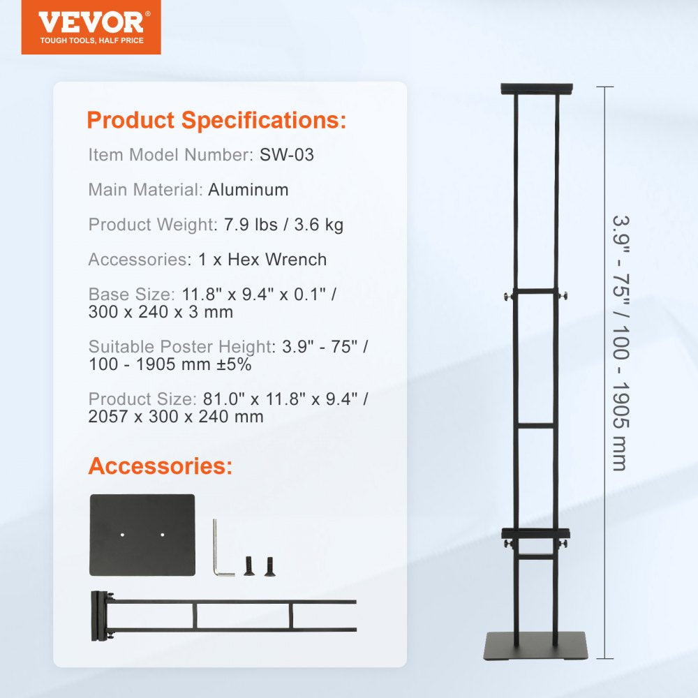 VEVOR Poster Stand, Adjustable Height Up to 75", Double-Sided Heavy Duty Pedestal Sign Holder, Floor Standing Sign Holder Banner Stand with Shock-absorbing Base for Display, for Board and Foam, Black 