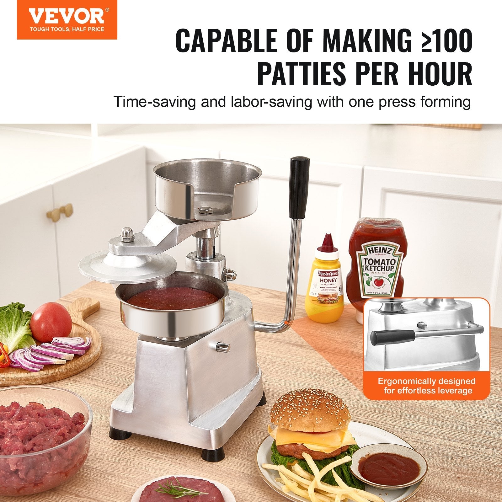 VEVOR Commercial Burger Patty Maker, 130mm/5inch Hamburger Beef Patty Maker, Heavy Duty Food-Grade Stainless Steel Bowl Burger Press Machine, Kitchen Meat Forming Processor with 1000 Pcs Patty Papers 
