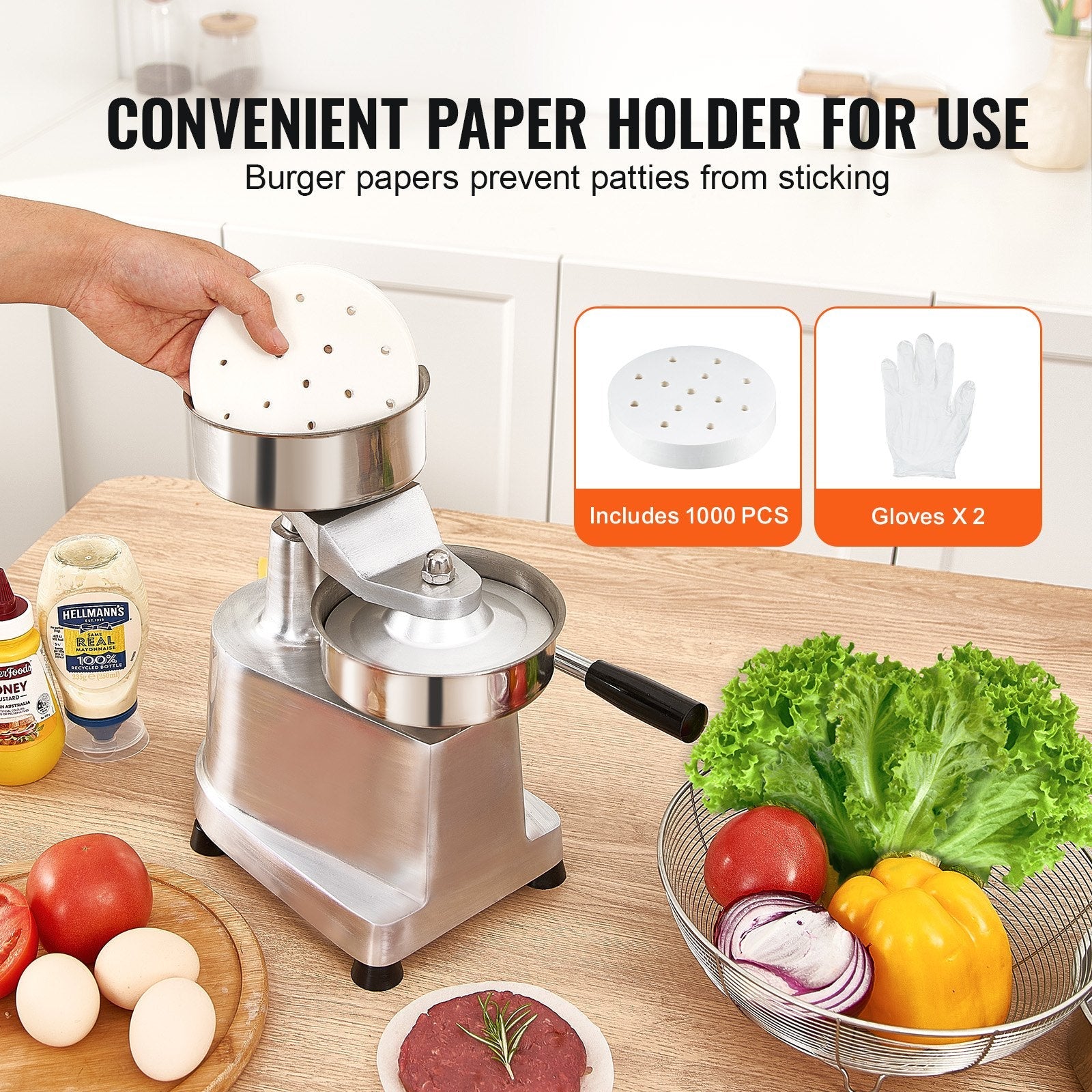 VEVOR Commercial Burger Patty Maker, 130mm/5inch Hamburger Beef Patty Maker, Heavy Duty Food-Grade Stainless Steel Bowl Burger Press Machine, Kitchen Meat Forming Processor with 1000 Pcs Patty Papers 