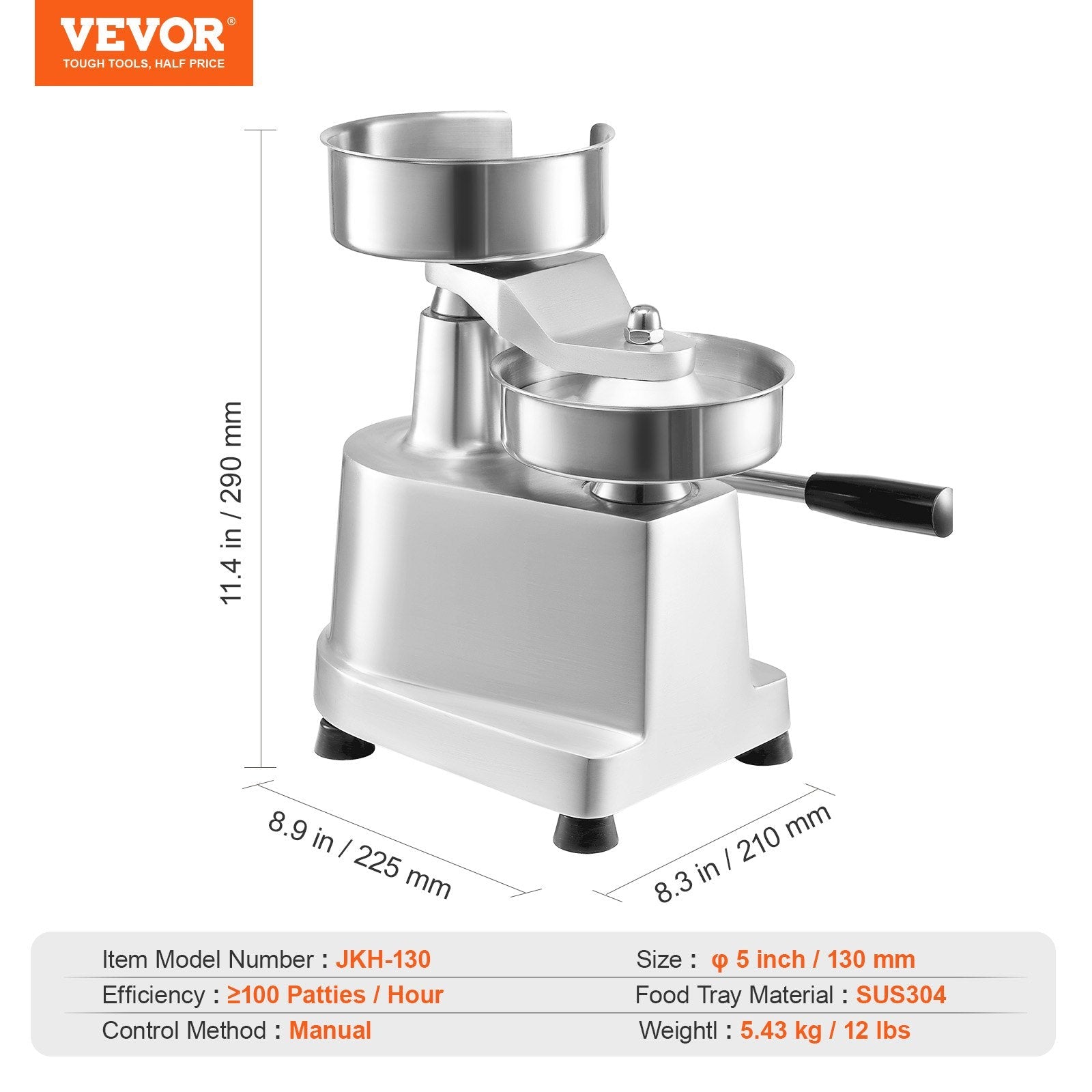 VEVOR Commercial Burger Patty Maker, 130mm/5inch Hamburger Beef Patty Maker, Heavy Duty Food-Grade Stainless Steel Bowl Burger Press Machine, Kitchen Meat Forming Processor with 1000 Pcs Patty Papers 