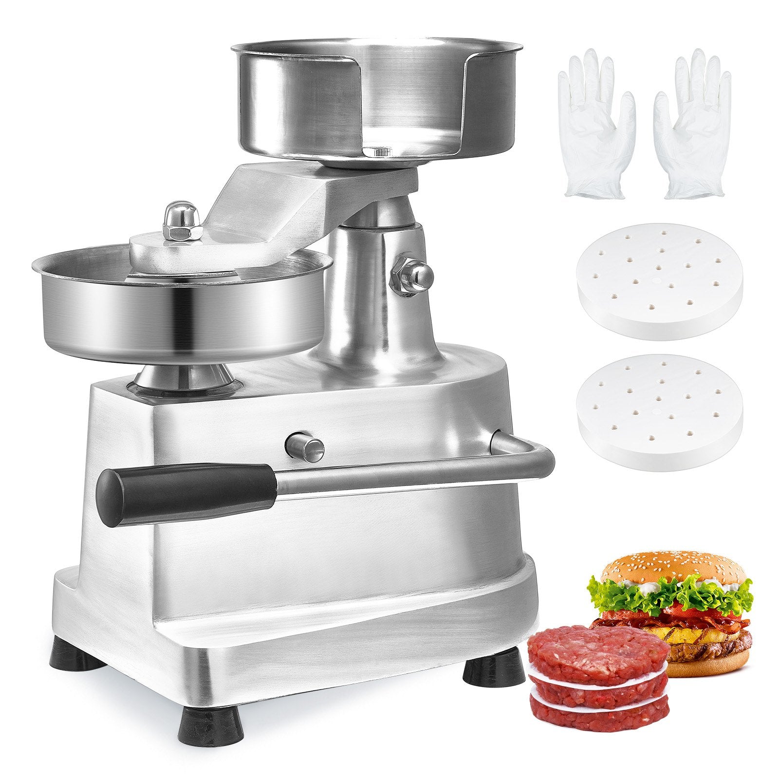 VEVOR Commercial Burger Patty Maker, 130mm/5inch Hamburger Beef Patty Maker, Heavy Duty Food-Grade Stainless Steel Bowl Burger Press Machine, Kitchen Meat Forming Processor with 1000 Pcs Patty Papers 