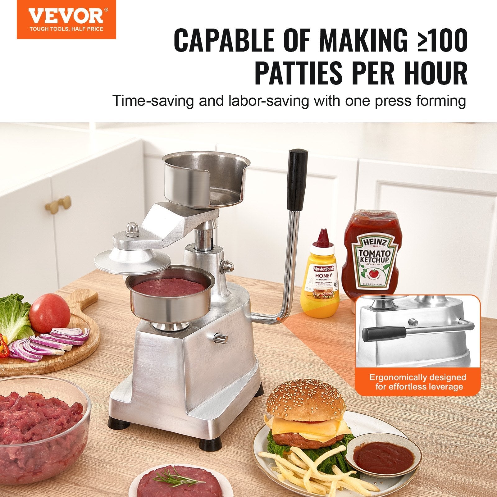 VEVOR Commercial Burger Patty Maker, 100mm/4inch Hamburger Beef Patty Maker, Heavy Duty Food-Grade Stainless Steel Bowl Burger Press Machine, Kitchen Meat Forming Processor with 1000 Pcs Patty Papers 