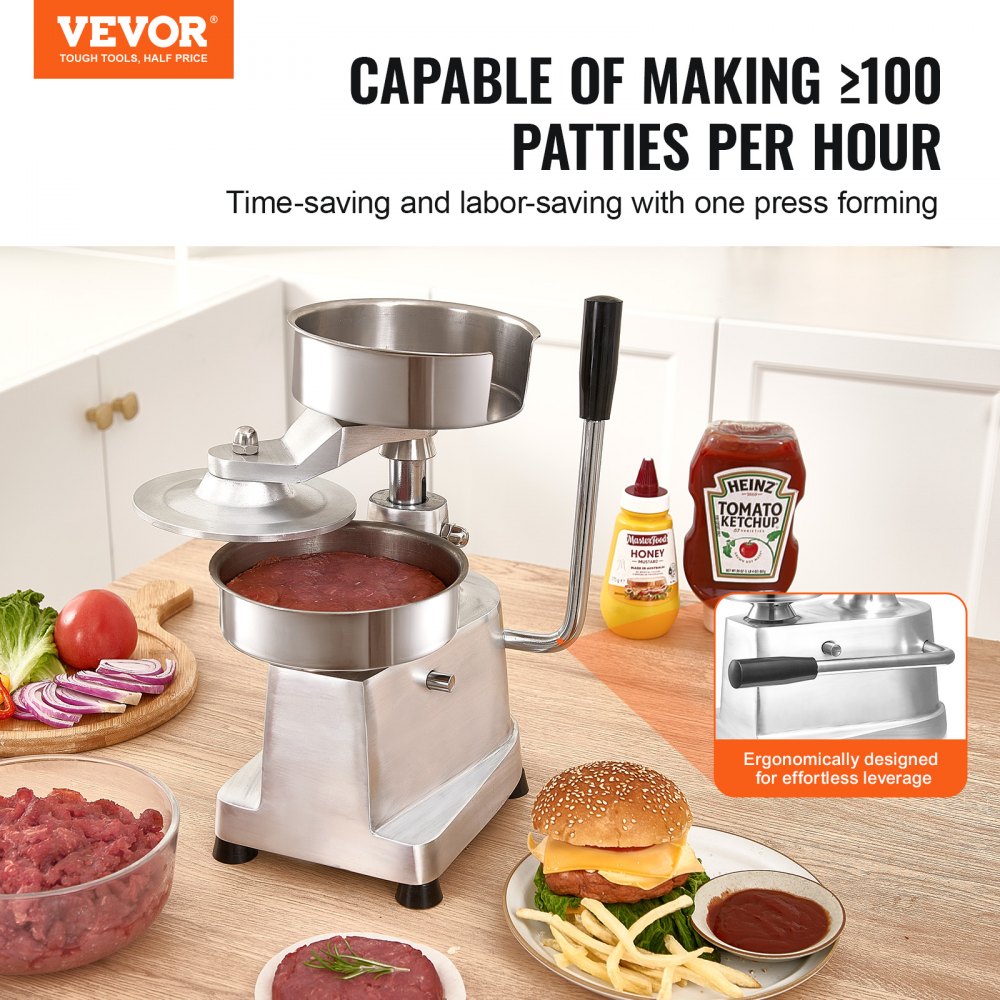 VEVOR Commercial Burger Patty Maker, 150mm/6inch Hamburger Beef Patty Maker, Heavy Duty Food-Grade Stainless Steel Bowl Burger Press Machine, Kitchen Meat Forming Processor with 1000 Pcs Patty Papers 