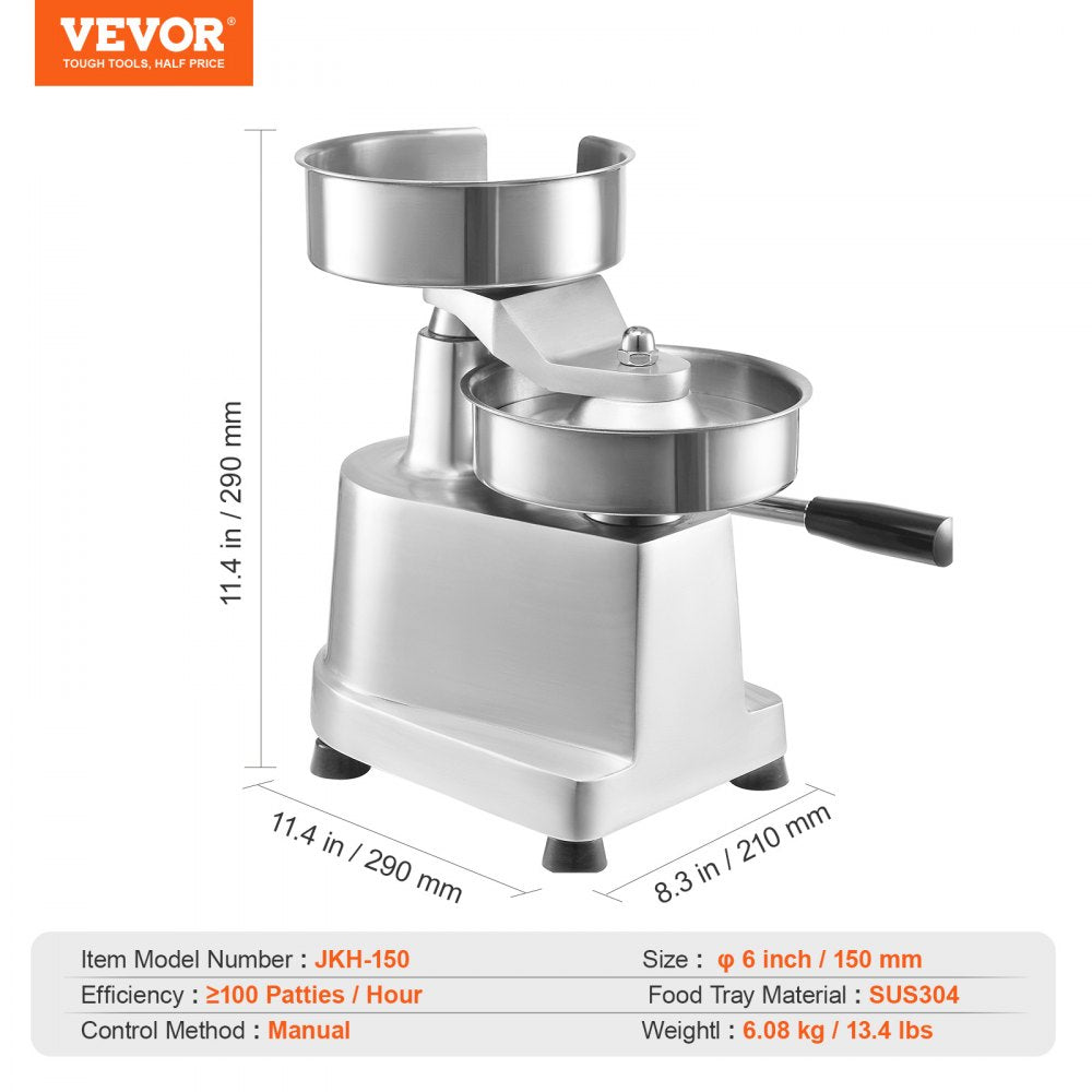VEVOR Commercial Burger Patty Maker, 150mm/6inch Hamburger Beef Patty Maker, Heavy Duty Food-Grade Stainless Steel Bowl Burger Press Machine, Kitchen Meat Forming Processor with 1000 Pcs Patty Papers 