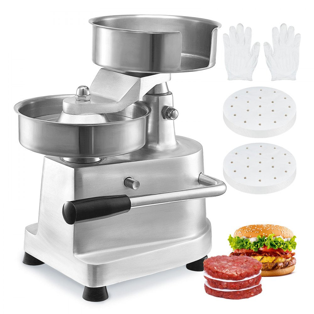 VEVOR Commercial Burger Patty Maker, 150mm/6inch Hamburger Beef Patty Maker, Heavy Duty Food-Grade Stainless Steel Bowl Burger Press Machine, Kitchen Meat Forming Processor with 1000 Pcs Patty Papers 