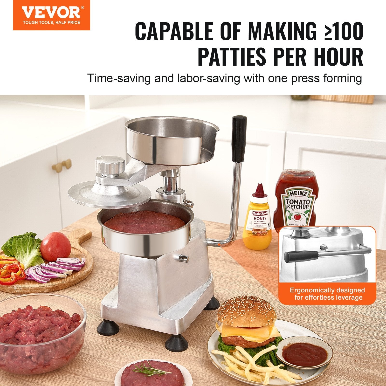 VEVOR Commercial Burger Patty Maker, Hamburger Beef Patty Maker with 3 Convertible Mold(4/5/6-inch), Heavy Duty Stainless Steel Burger Press Machine, Meat Forming Processor with 1500 Pcs Patty Papers 
