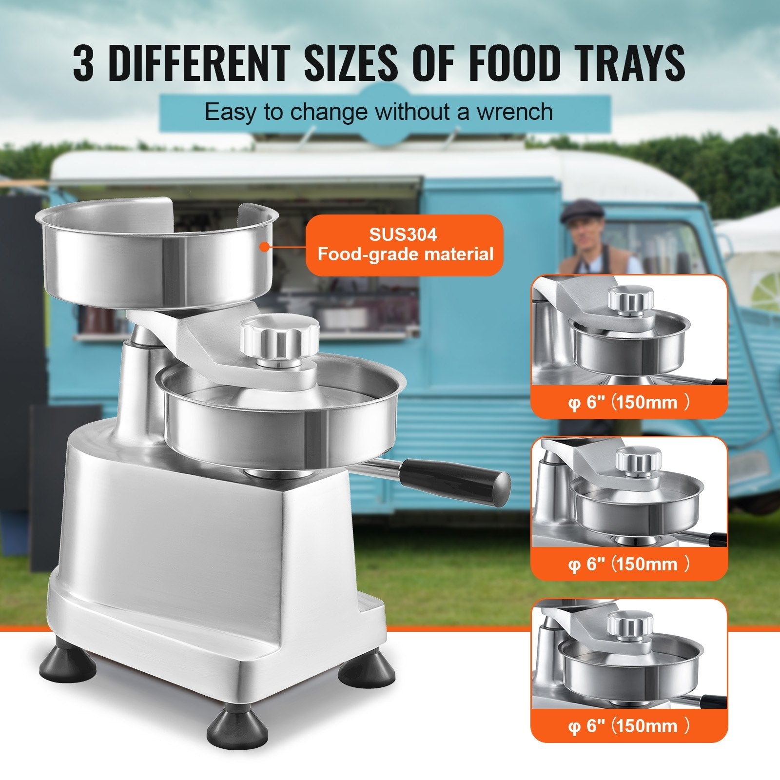 VEVOR Commercial Burger Patty Maker, Hamburger Beef Patty Maker with 3 Convertible Mold(4/5/6-inch), Heavy Duty Stainless Steel Burger Press Machine, Meat Forming Processor with 1500 Pcs Patty Papers 