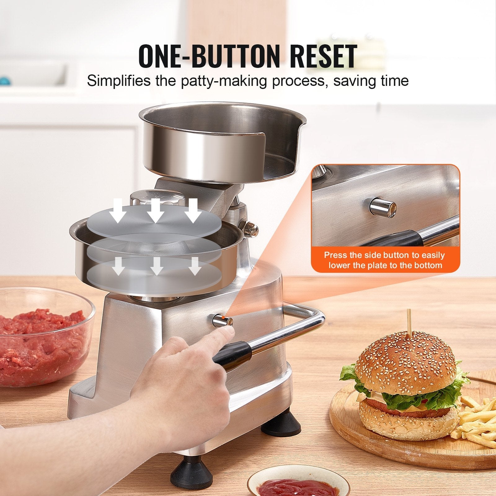 VEVOR Commercial Burger Patty Maker, Hamburger Beef Patty Maker with 3 Convertible Mold(4/5/6-inch), Heavy Duty Stainless Steel Burger Press Machine, Meat Forming Processor with 1500 Pcs Patty Papers 