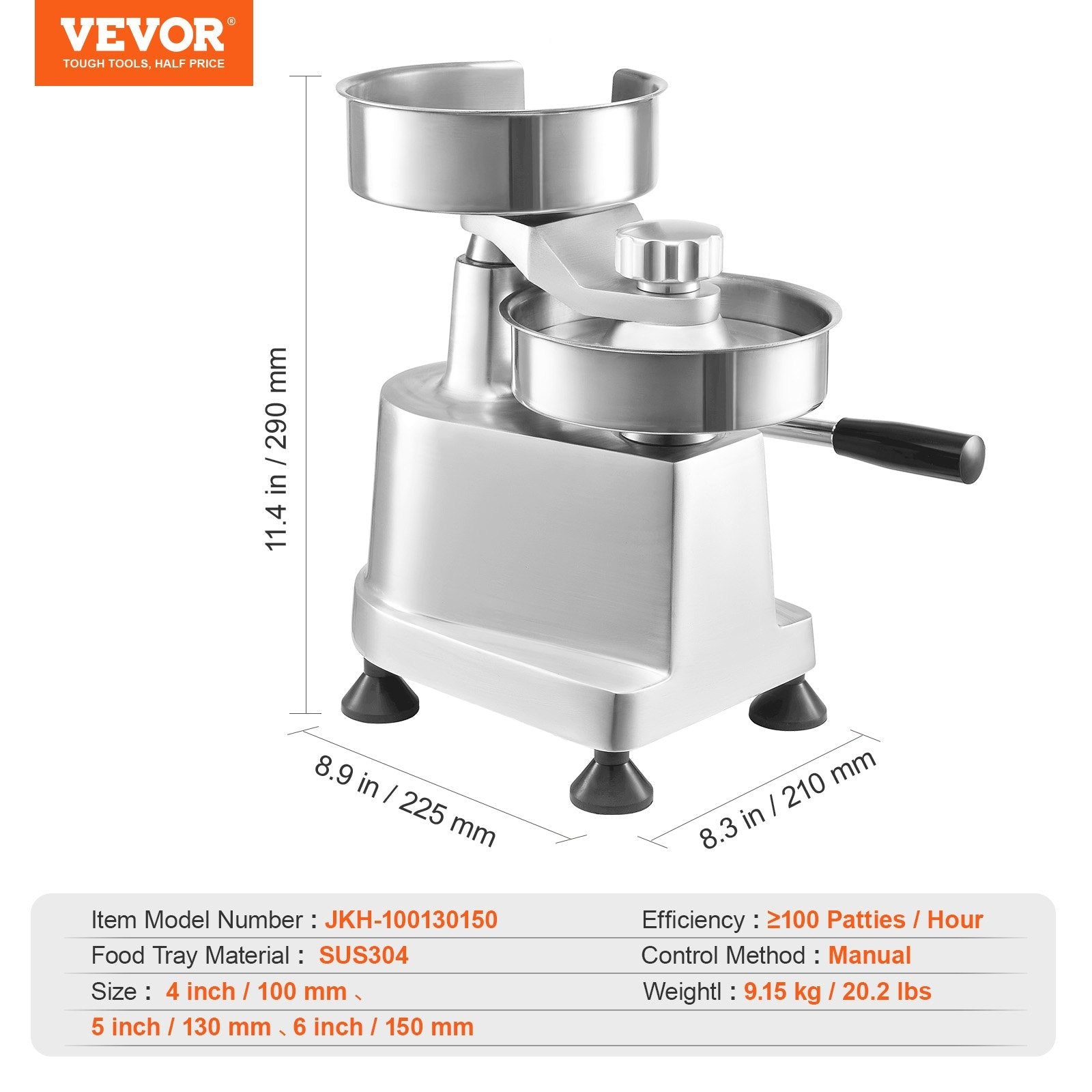 VEVOR Commercial Burger Patty Maker, Hamburger Beef Patty Maker with 3 Convertible Mold(4/5/6-inch), Heavy Duty Stainless Steel Burger Press Machine, Meat Forming Processor with 1500 Pcs Patty Papers 