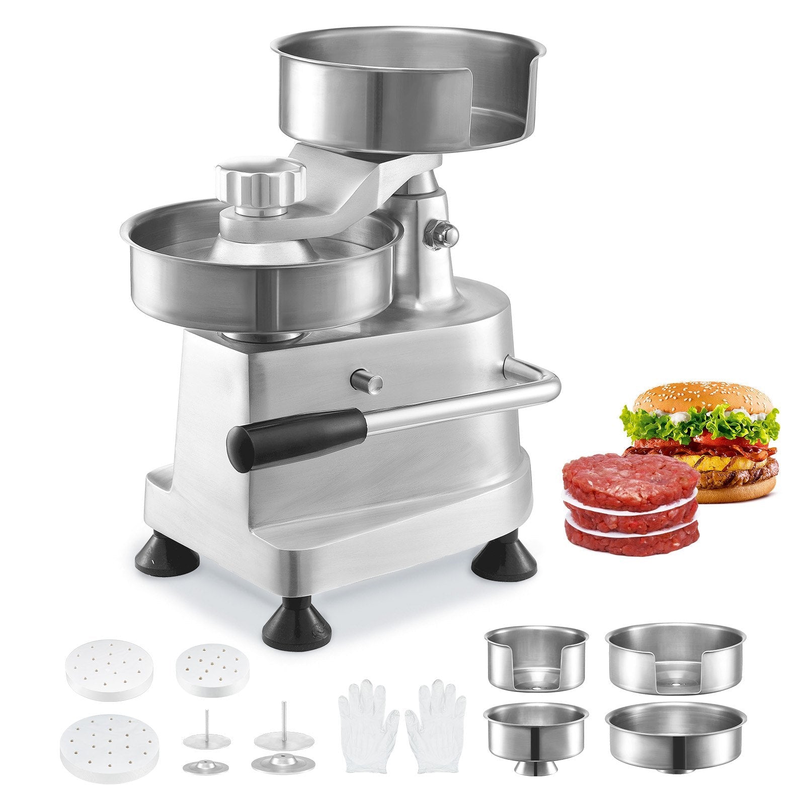 VEVOR Commercial Burger Patty Maker, Hamburger Beef Patty Maker with 3 Convertible Mold(4/5/6-inch), Heavy Duty Stainless Steel Burger Press Machine, Meat Forming Processor with 1500 Pcs Patty Papers 