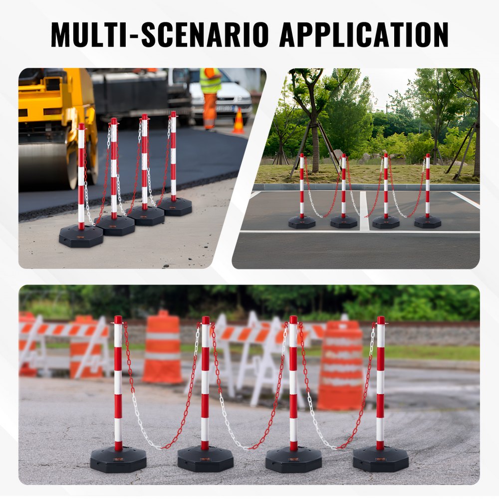 VEVOR Adjustable Traffic Delineator Post Cones, 4 Pack, Traffic Safety Delineator Barrier with Fillable Base 8FT Chain, for Traffic Control Warning Parking Lot Construction Caution Roads, Red & White 