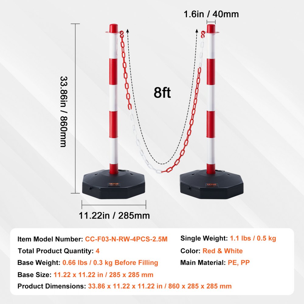VEVOR Adjustable Traffic Delineator Post Cones, 4 Pack, Traffic Safety Delineator Barrier with Fillable Base 8FT Chain, for Traffic Control Warning Parking Lot Construction Caution Roads, Red & White 