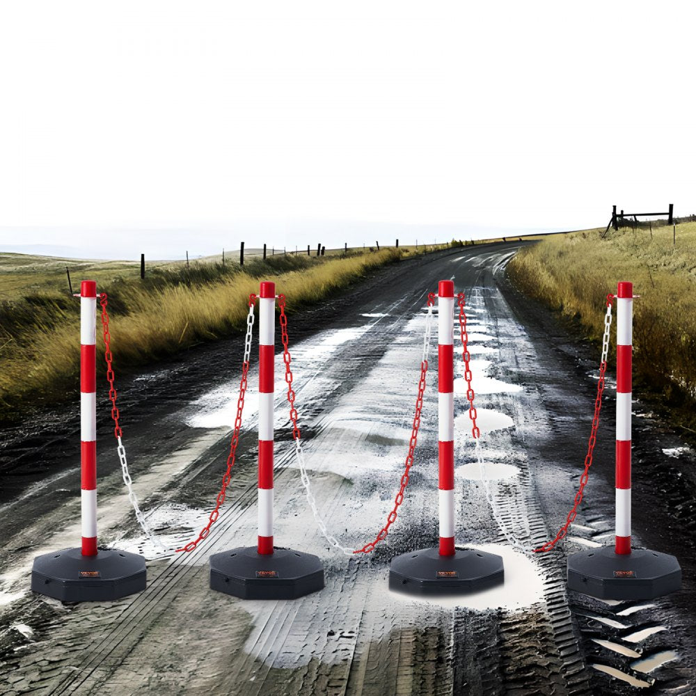 VEVOR Adjustable Traffic Delineator Post Cones, 4 Pack, Traffic Safety Delineator Barrier with Fillable Base 8FT Chain, for Traffic Control Warning Parking Lot Construction Caution Roads, Red & White 