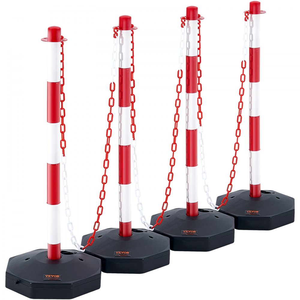 VEVOR Adjustable Traffic Delineator Post Cones, 4 Pack, Traffic Safety Delineator Barrier with Fillable Base 8FT Chain, for Traffic Control Warning Parking Lot Construction Caution Roads, Red & White 