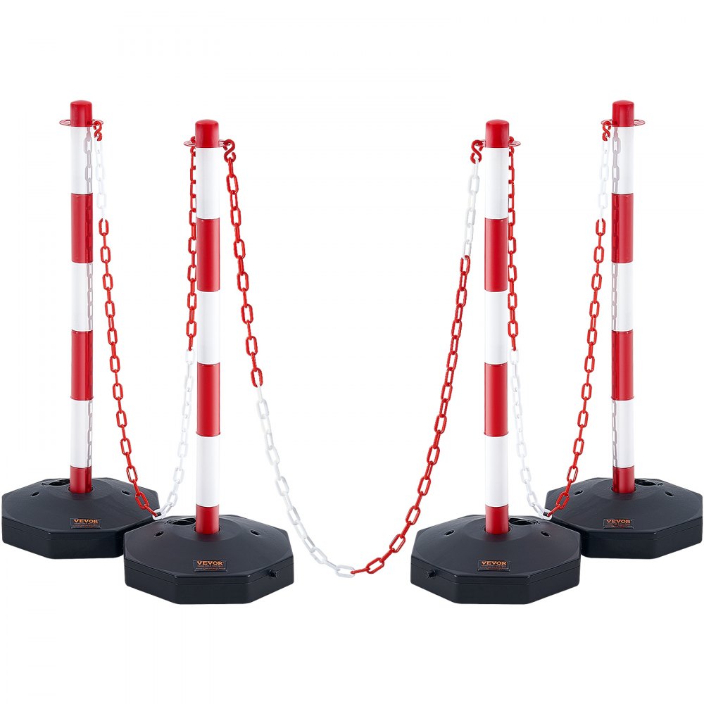 VEVOR Adjustable Traffic Delineator Post Cones, 4 Pack, Traffic Safety Delineator Barrier with Fillable Base 8FT Chain, for Traffic Control Warning Parking Lot Construction Caution Roads, Red & White 