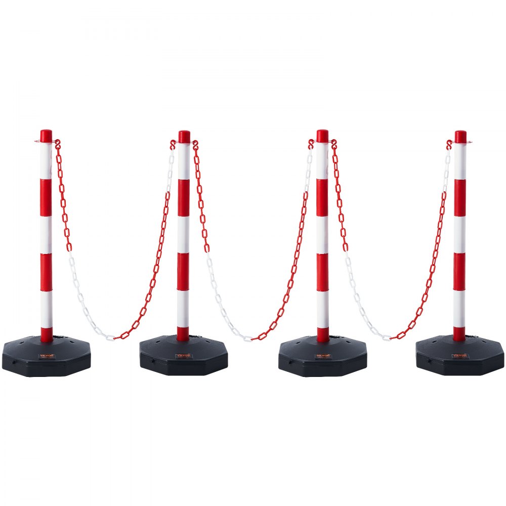 VEVOR Adjustable Traffic Delineator Post Cones, 4 Pack, Traffic Safety Delineator Barrier with Fillable Base 8FT Chain, for Traffic Control Warning Parking Lot Construction Caution Roads, Red & White 