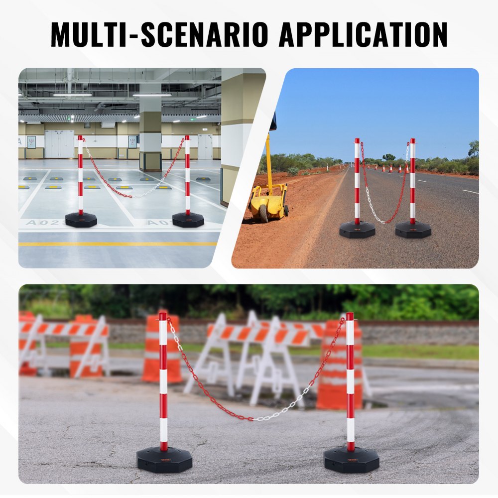 VEVOR Adjustable Traffic Delineator Post Cones, 2 Pack, Traffic Safety Delineator Barrier with Fillable Base 8FT Chain, for Traffic Control Warning Parking Lot Construction Caution Roads, Red & White 