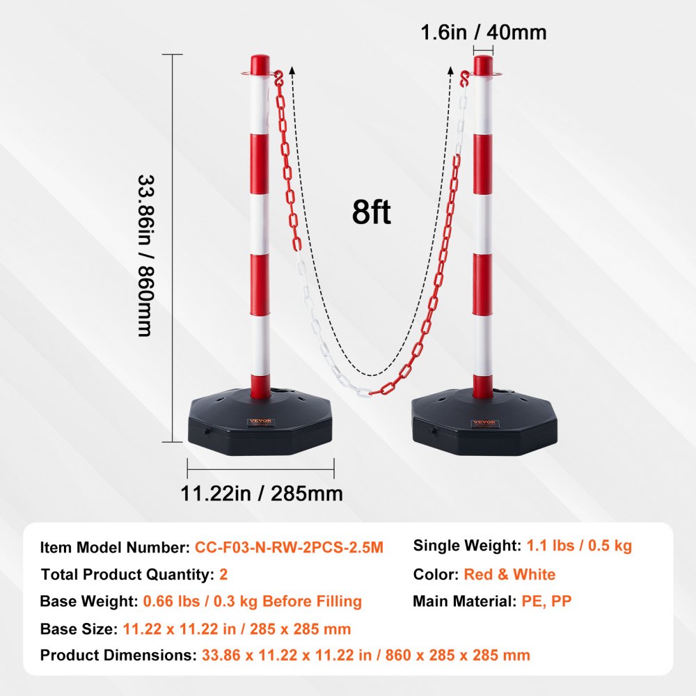 VEVOR Adjustable Traffic Delineator Post Cones, 2 Pack, Traffic Safety Delineator Barrier with Fillable Base 8FT Chain, for Traffic Control Warning Parking Lot Construction Caution Roads, Red & White 