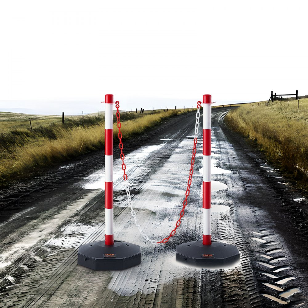 VEVOR Adjustable Traffic Delineator Post Cones, 2 Pack, Traffic Safety Delineator Barrier with Fillable Base 8FT Chain, for Traffic Control Warning Parking Lot Construction Caution Roads, Red & White 