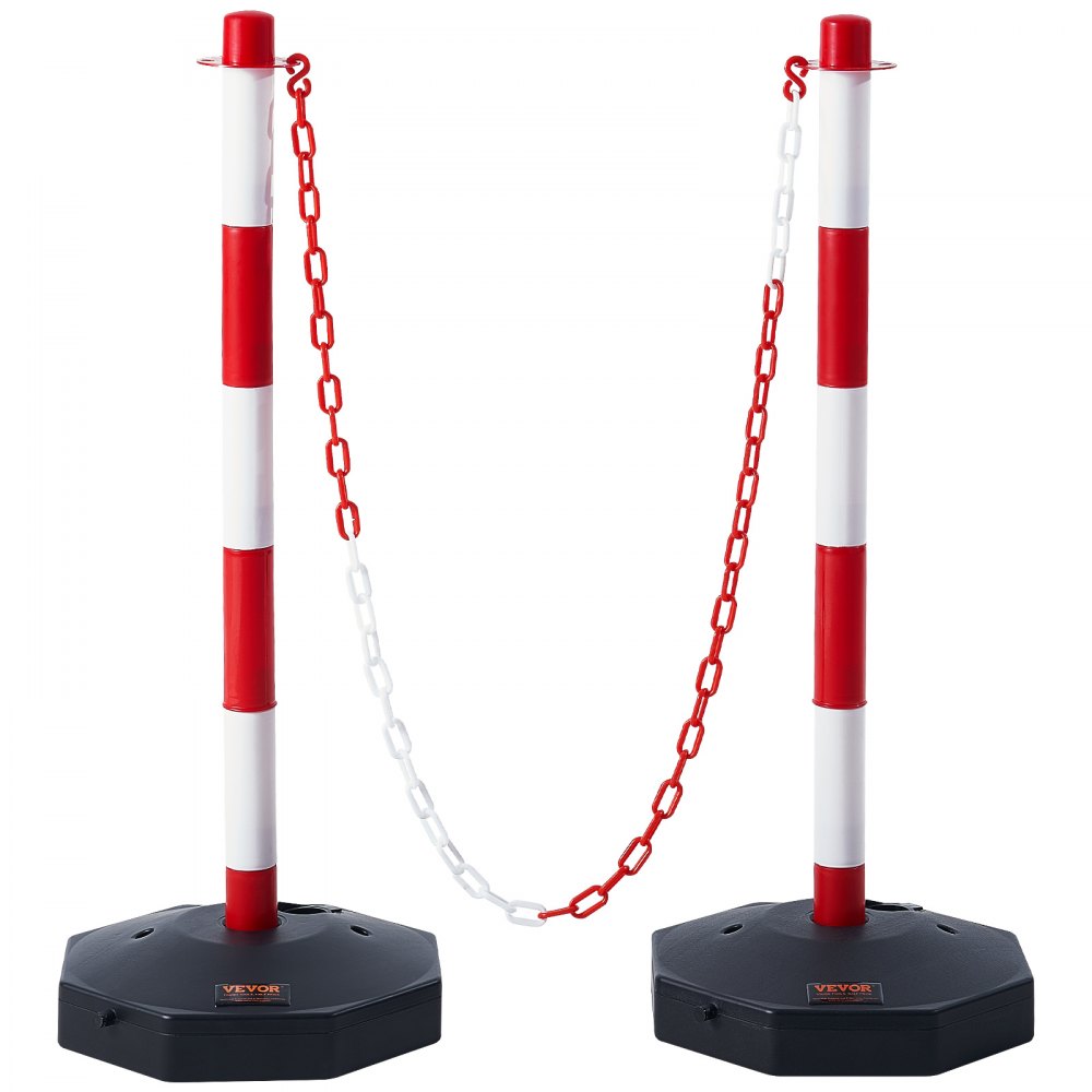 VEVOR Adjustable Traffic Delineator Post Cones, 2 Pack, Traffic Safety Delineator Barrier with Fillable Base 8FT Chain, for Traffic Control Warning Parking Lot Construction Caution Roads, Red & White 