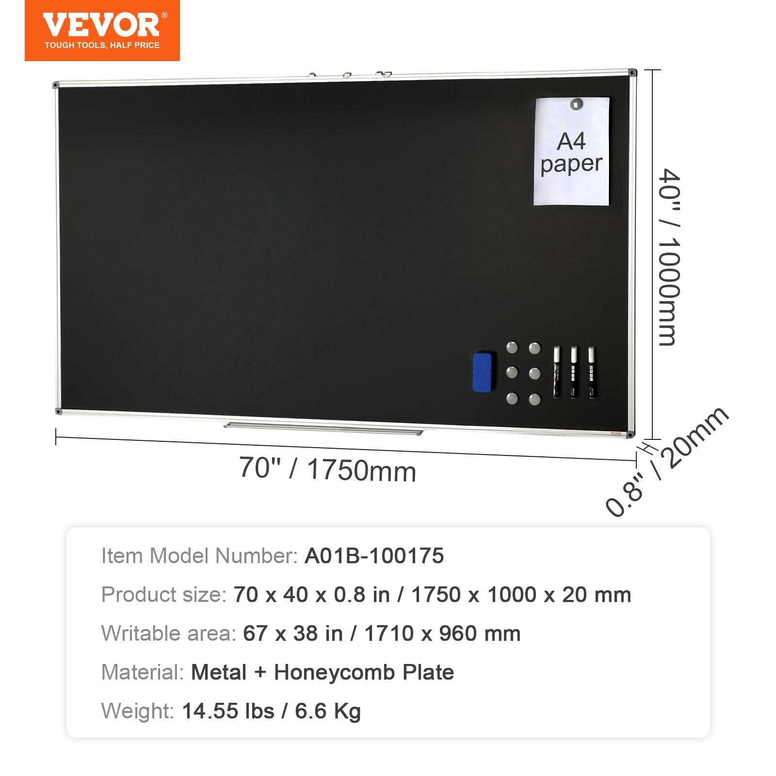 VEVOR Black Board, 70 x 40 inch Large Chalkboard with Aluminum Frame, Black Boards Dry Erase Includes 1 Magnetic Erase & 3 Dry Erase Markers, Black Surface, for Office Home and School 