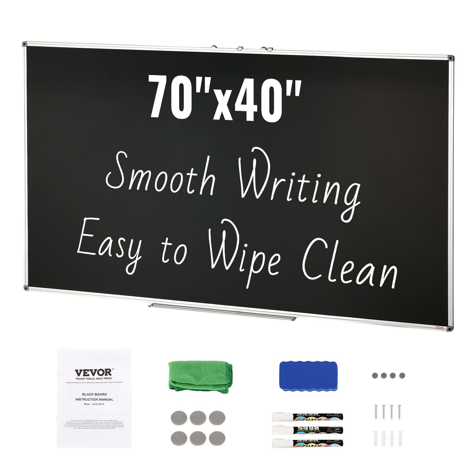 VEVOR Black Board, 70 x 40 inch Large Chalkboard with Aluminum Frame, Black Boards Dry Erase Includes 1 Magnetic Erase & 3 Dry Erase Markers, Black Surface, for Office Home and School 