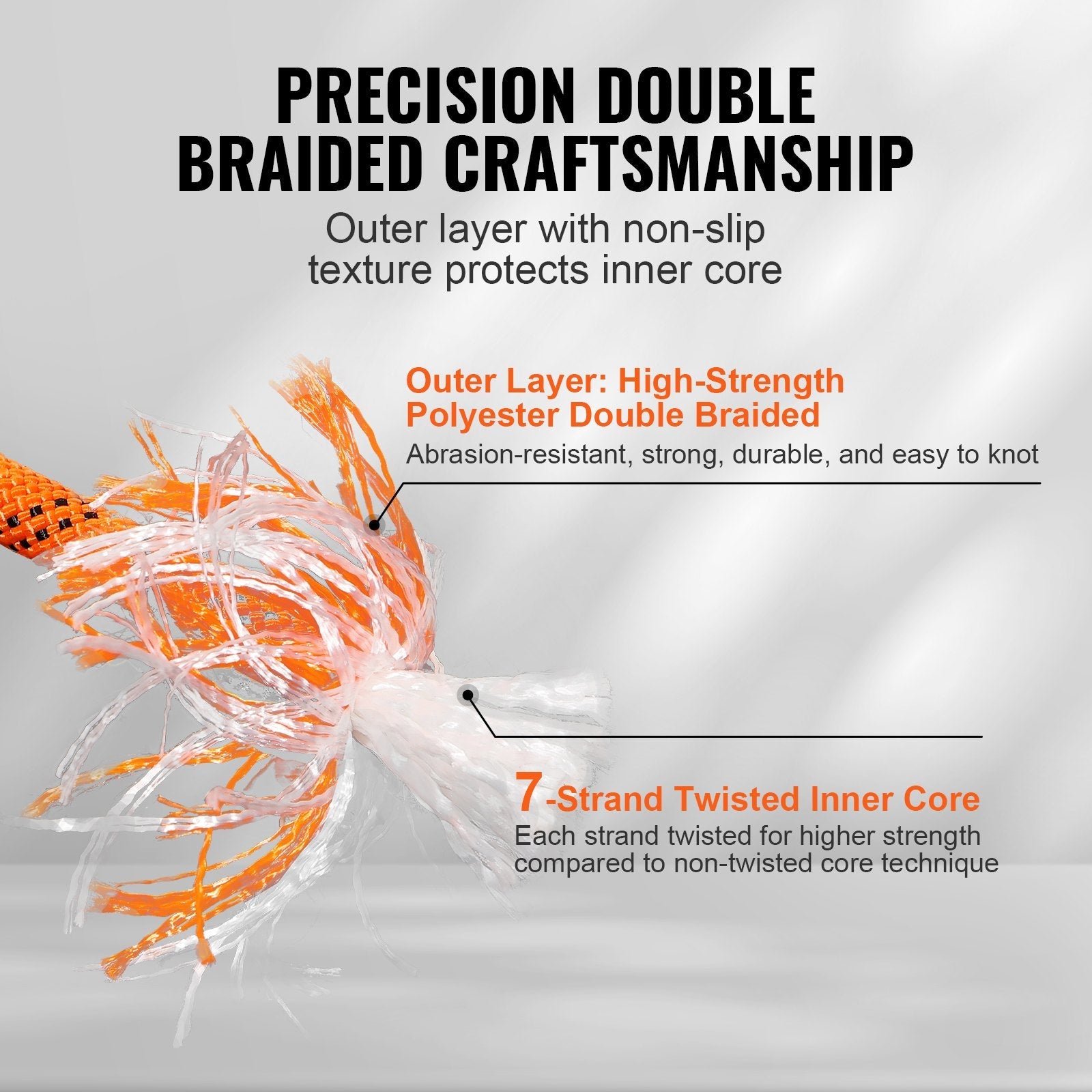 VEVOR Double Braided Polyester Rope, 1/2 in x 220 ft, 48 Strands, 8000 LBS Breaking Strength Outdoor Climbing Rope, Arborist Rigging Rope for Rock Hiking Camping Swing Rappelling Rescue, Orange/Black 