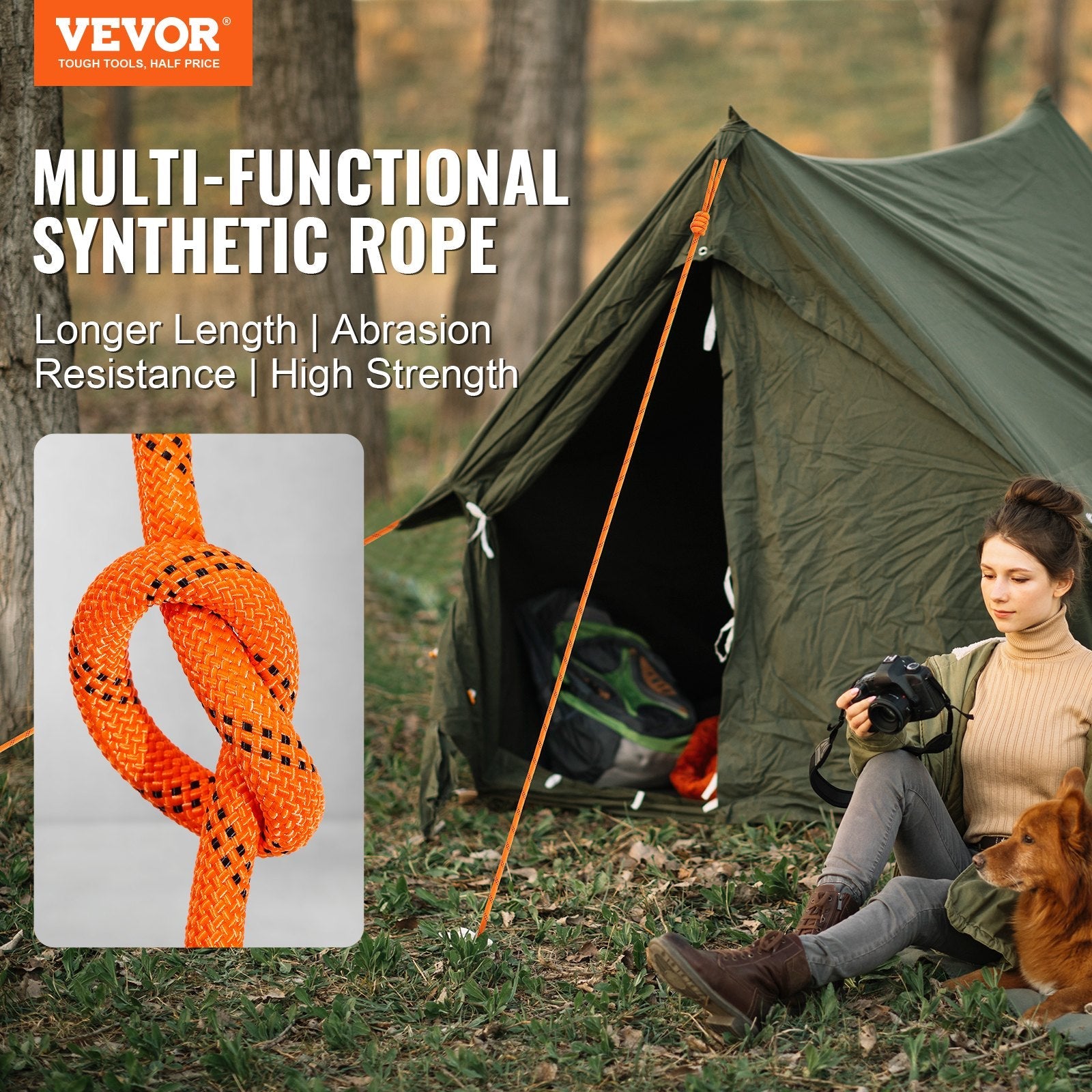 VEVOR Double Braided Polyester Rope, 1/2 in x 120 ft, 48 Strands, 8000 LBS Breaking Strength Outdoor Climbing Rope, Arborist Rigging Rope for Rock Hiking Camping Swing Rappelling Rescue, Orange/Black 