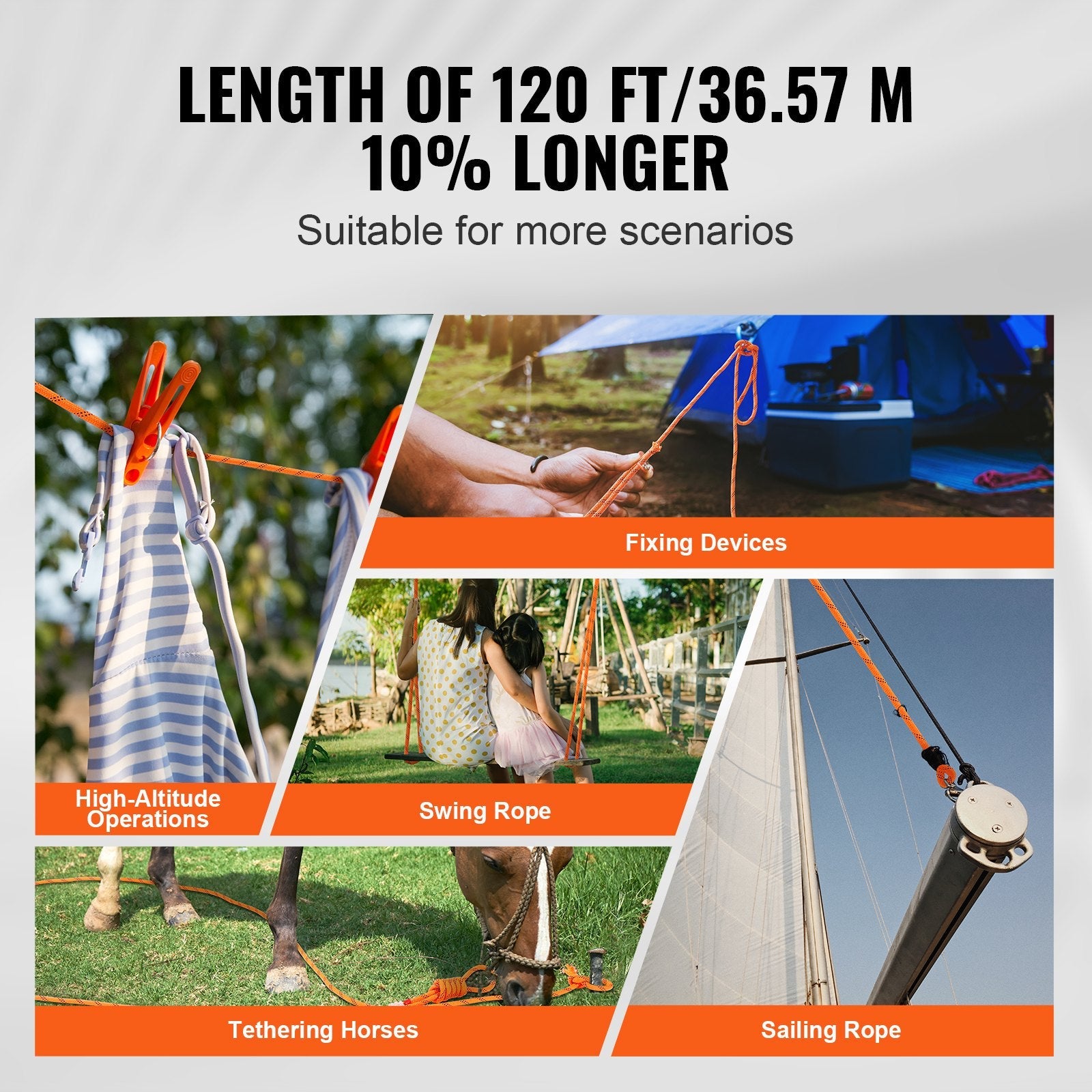 VEVOR Double Braided Polyester Rope, 1/2 in x 120 ft, 48 Strands, 8000 LBS Breaking Strength Outdoor Climbing Rope, Arborist Rigging Rope for Rock Hiking Camping Swing Rappelling Rescue, Orange/Black 