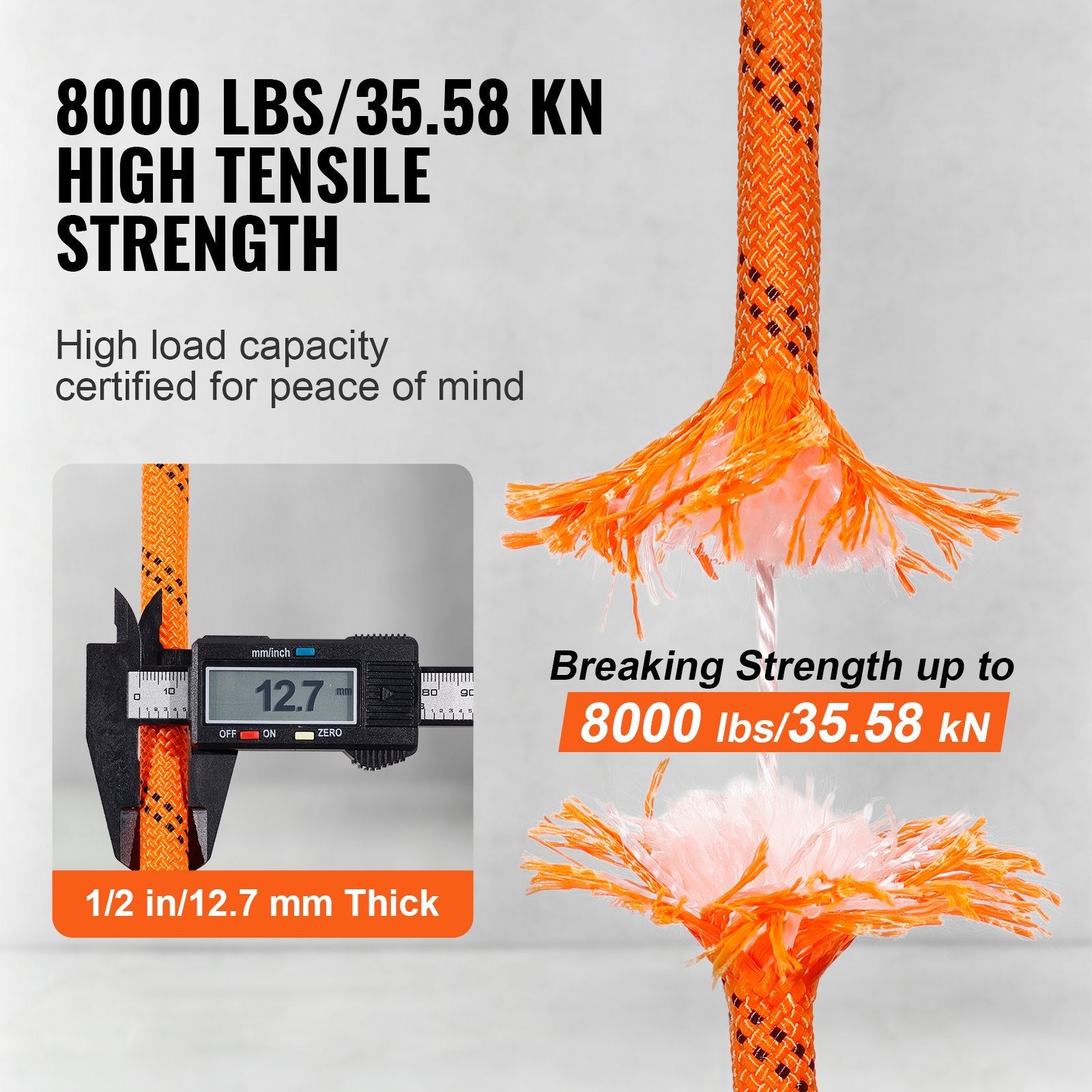 VEVOR Double Braided Polyester Rope, 1/2 in x 120 ft, 48 Strands, 8000 LBS Breaking Strength Outdoor Climbing Rope, Arborist Rigging Rope for Rock Hiking Camping Swing Rappelling Rescue, Orange/Black 