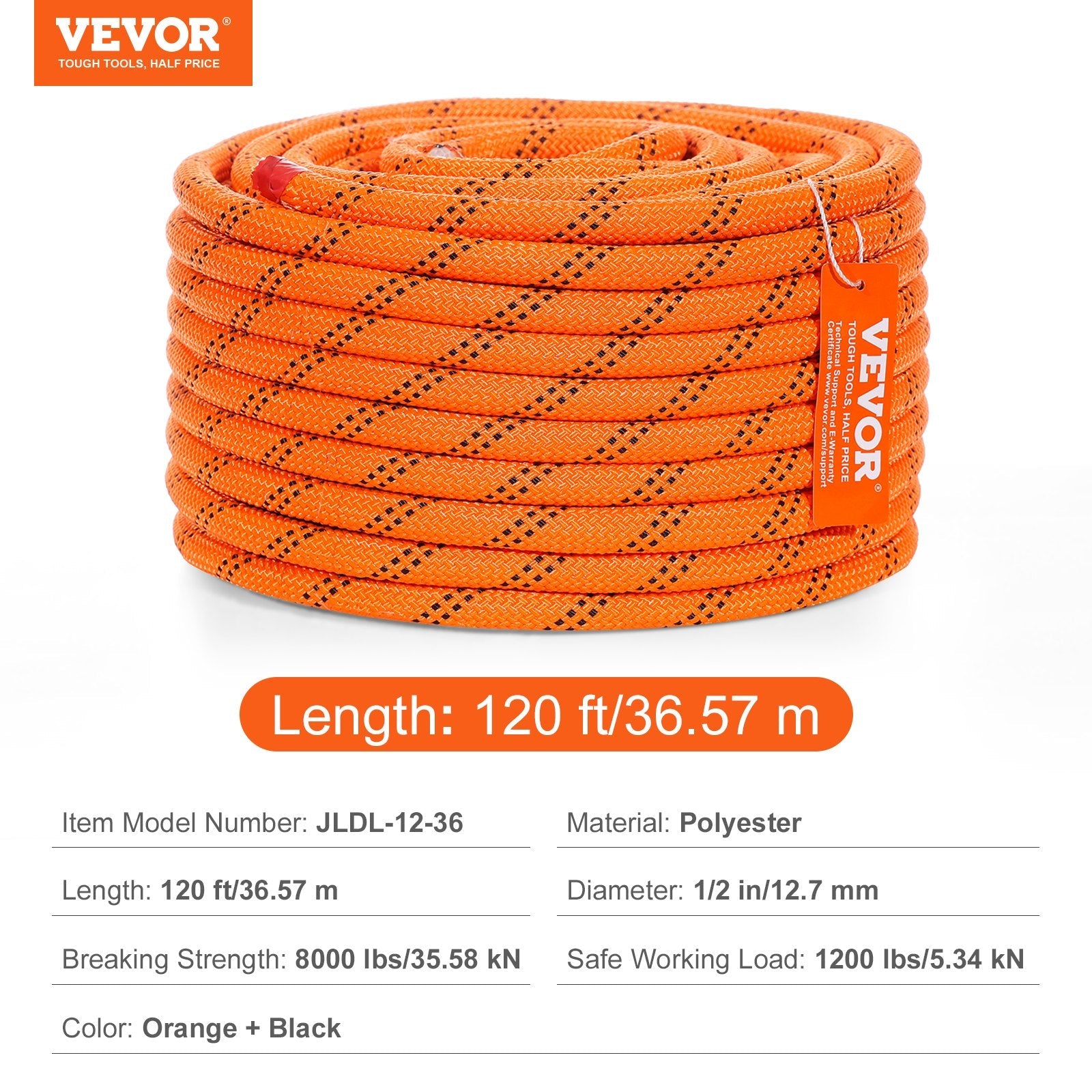 VEVOR Double Braided Polyester Rope, 1/2 in x 120 ft, 48 Strands, 8000 LBS Breaking Strength Outdoor Climbing Rope, Arborist Rigging Rope for Rock Hiking Camping Swing Rappelling Rescue, Orange/Black 