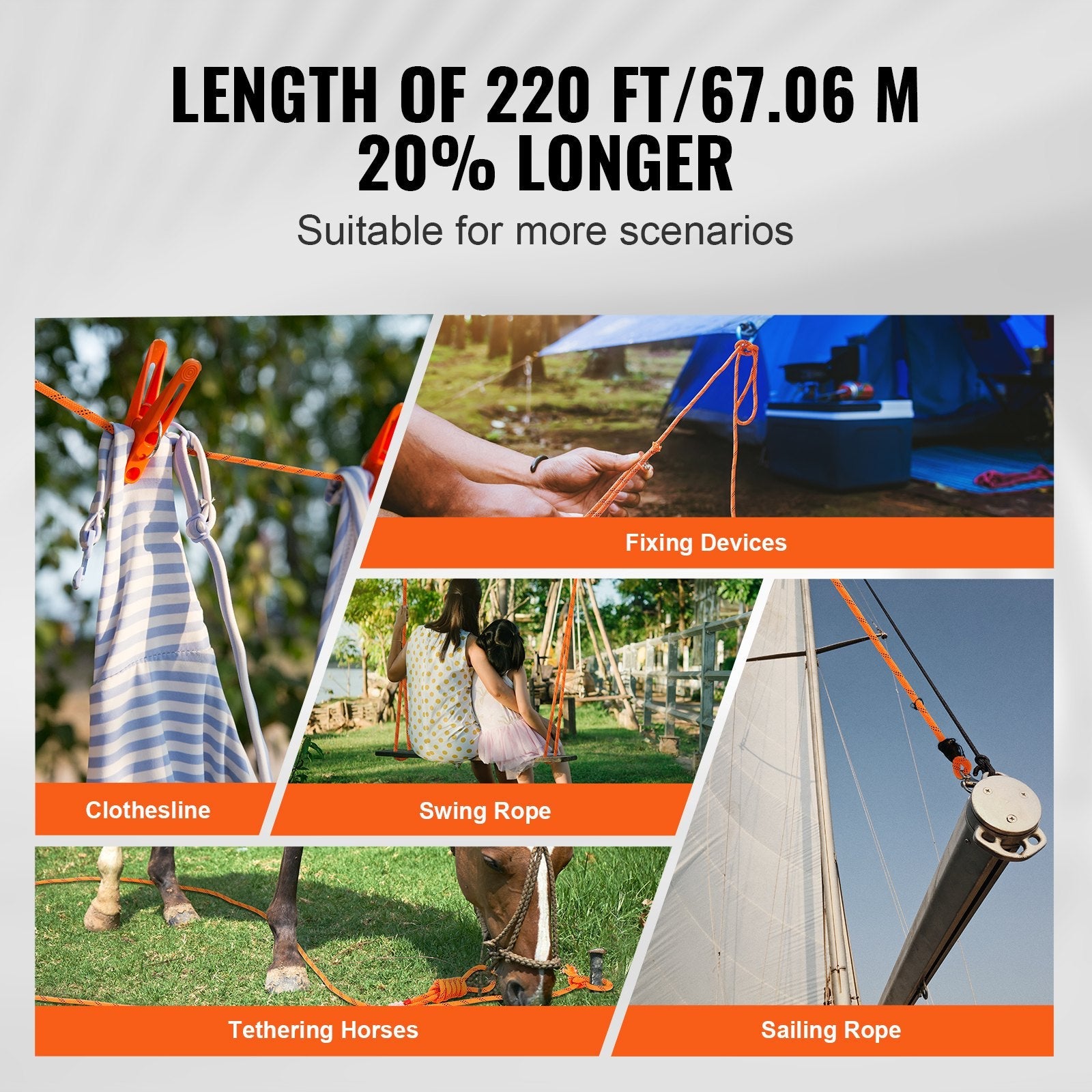 VEVOR Double Braided Polyester Rope, 3/4 in x 220 ft, 24 Strands, 20000 LBS Breaking Strength Outdoor Climbing Rope, Arborist Rigging Rope for Rock Hiking Camping Swing Rappelling Rescue, Orange/Black 