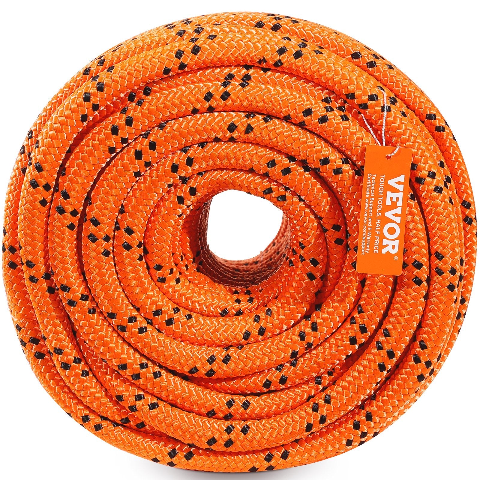 VEVOR Double Braided Polyester Rope, 3/4 in x 220 ft, 24 Strands, 20000 LBS Breaking Strength Outdoor Climbing Rope, Arborist Rigging Rope for Rock Hiking Camping Swing Rappelling Rescue, Orange/Black 