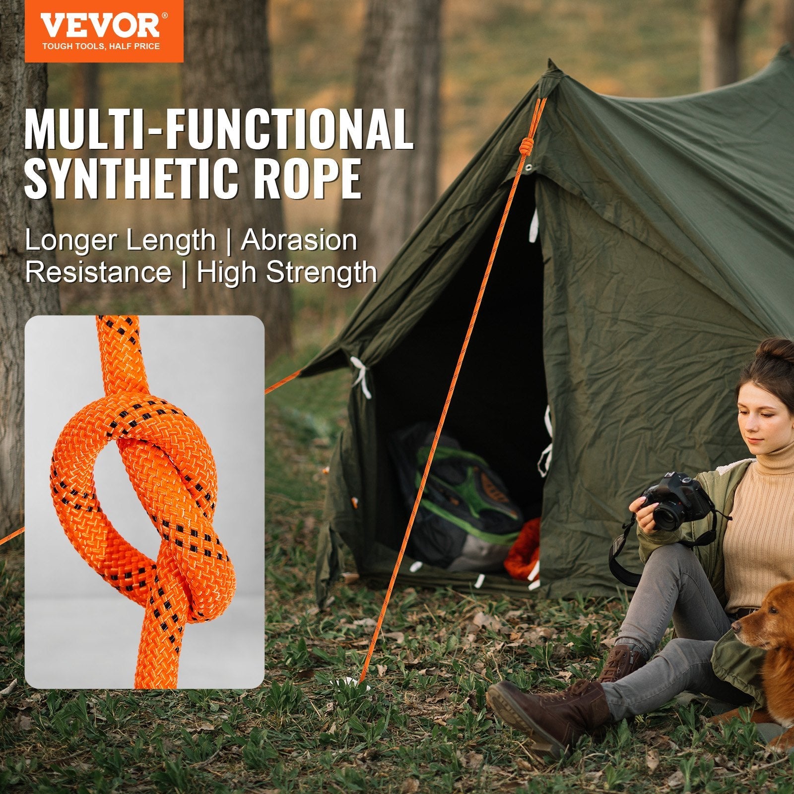 VEVOR Double Braided Polyester Rope, 3/8 in x 120 ft, 48 Strands, 4000 LBS Breaking Strength Outdoor Climbing Rope, Arborist Rigging Rope for Rock Hiking Camping Swing Rappelling Rescue, Orange/Black 
