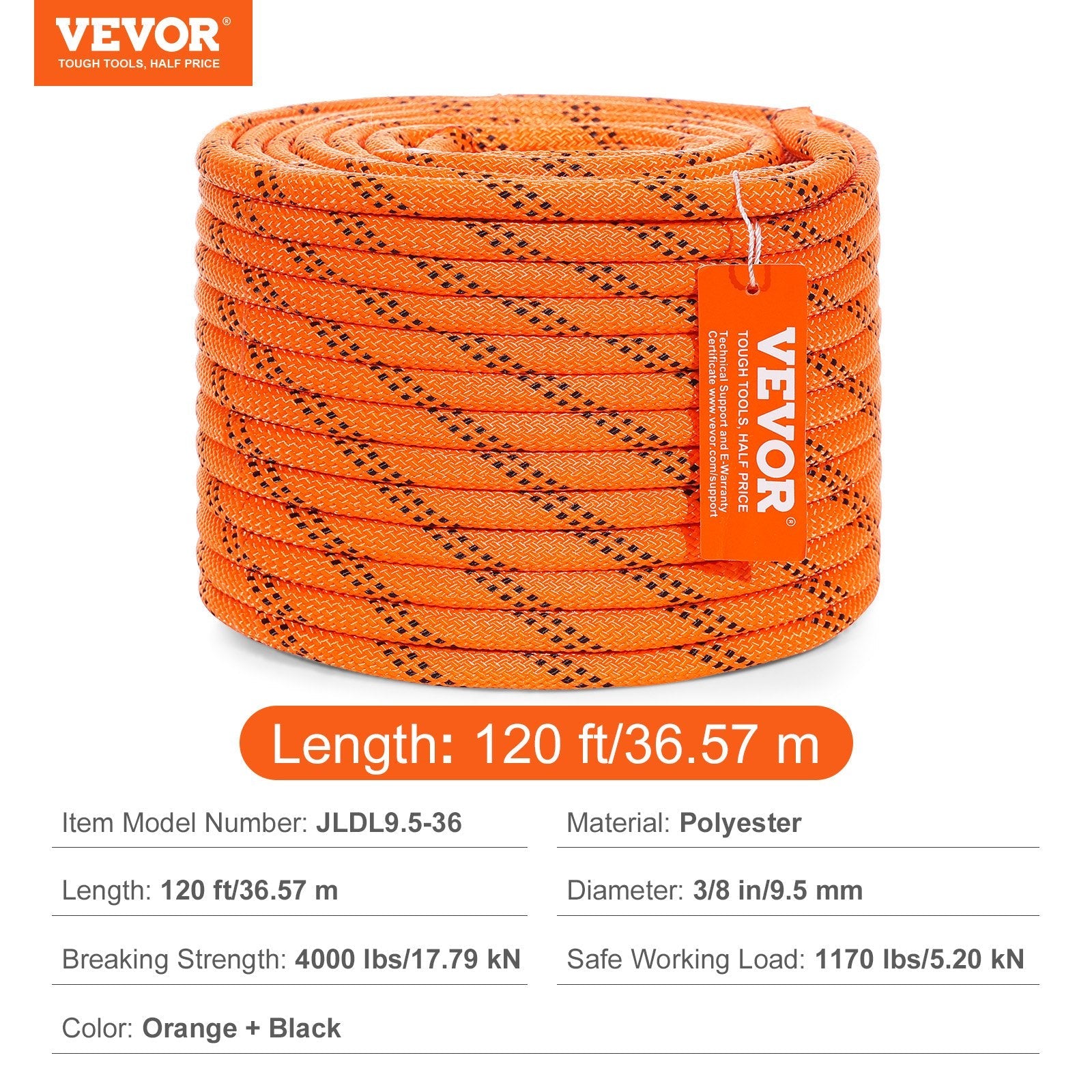 VEVOR Double Braided Polyester Rope, 3/8 in x 120 ft, 48 Strands, 4000 LBS Breaking Strength Outdoor Climbing Rope, Arborist Rigging Rope for Rock Hiking Camping Swing Rappelling Rescue, Orange/Black 