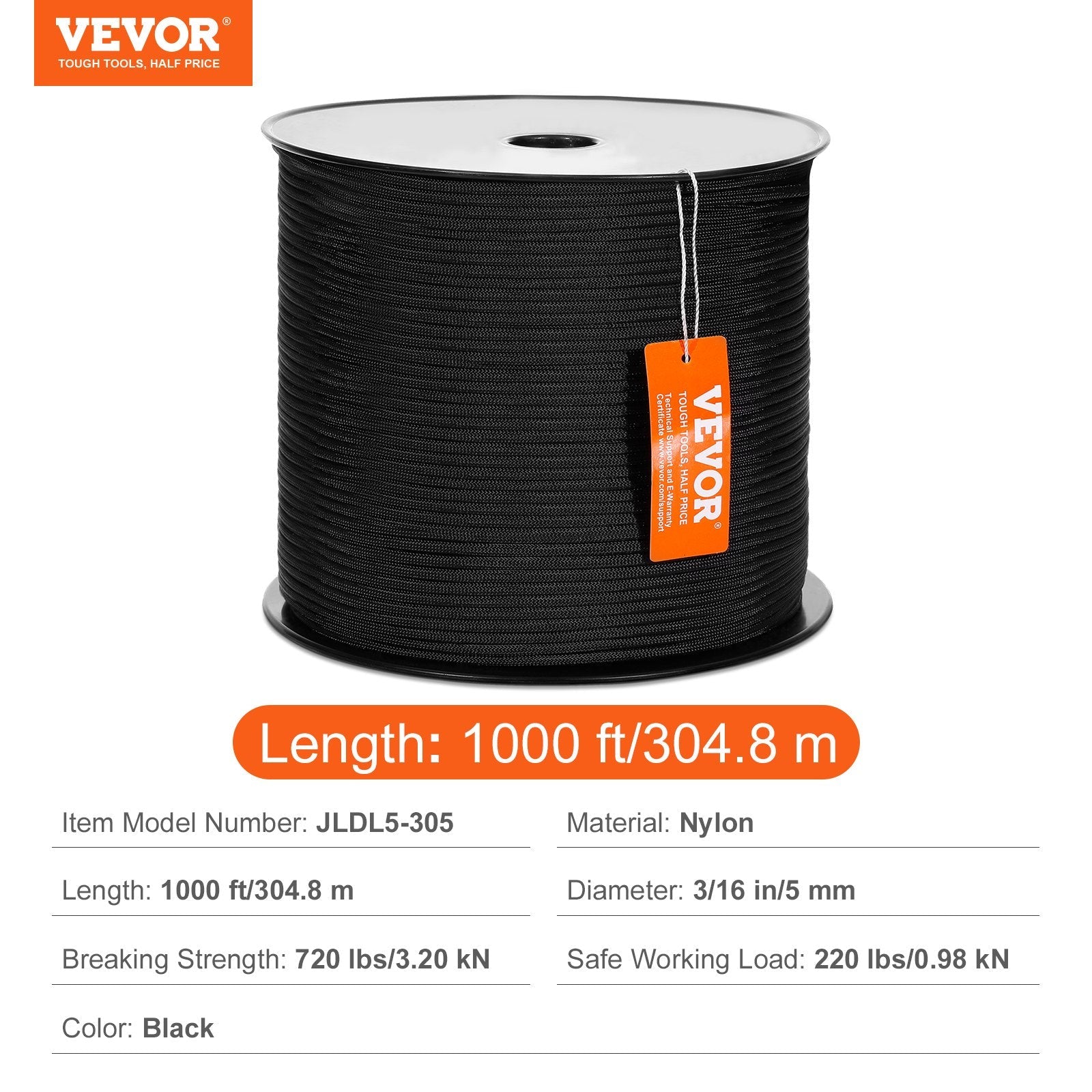 VEVOR Braided Nylon Rope, 3/16 in x 1000 ft, 32 Strands, 720 LBS Breaking Strength Outdoor Climbing Rope, Arborist Tree Climbing Rigging Rope for Rock Hiking Camping Swing Rappelling Rescue, Black 