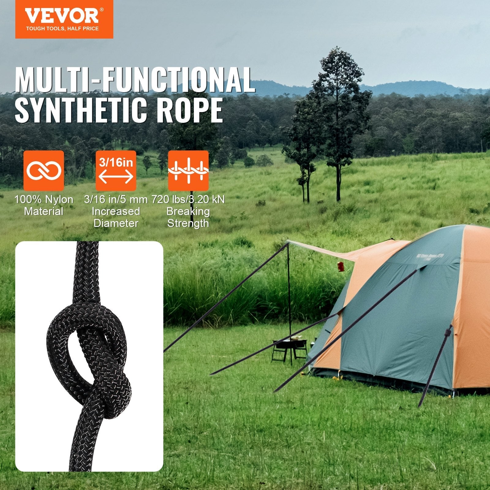 VEVOR Braided Nylon Rope, 3/16 in x 250 ft, 32 Strands, 720 LBS Breaking Strength Outdoor Climbing Rope, Arborist Tree Climbing Rigging Rope for Rock Hiking Camping Swing Rappelling Rescue, Black 