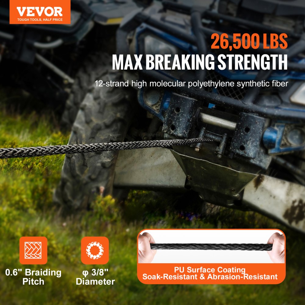 VEVOR Synthetic Winch Rope, 3/8 Inch x 100 Feet 26,500 lbs Synthetic Winch Line Cable Rope with Protective Sleeve + Forged Winch Hook + Pull Strap, Universal Fit for SUV, Large Off-Road Vehicle, Truck 