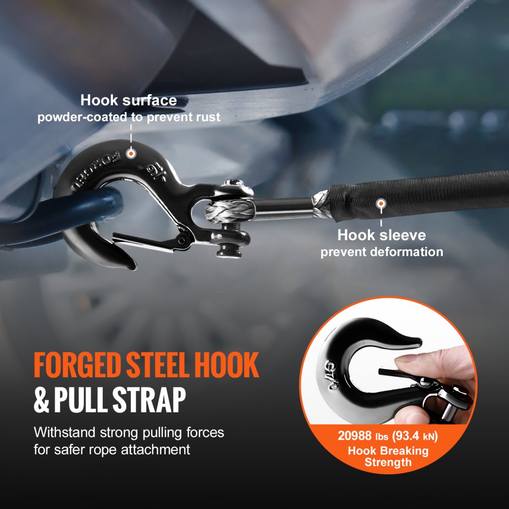 VEVOR Synthetic Winch Rope, 3/8 Inch x 100 Feet 26,500 lbs Synthetic Winch Line Cable Rope with Protective Sleeve + Forged Winch Hook + Pull Strap, Universal Fit for SUV, Large Off-Road Vehicle, Truck 