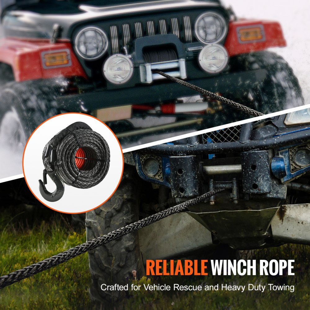 VEVOR Synthetic Winch Rope, 3/8 Inch x 100 Feet 26,500 lbs Synthetic Winch Line Cable Rope with Protective Sleeve + Forged Winch Hook + Pull Strap, Universal Fit for SUV, Large Off-Road Vehicle, Truck 