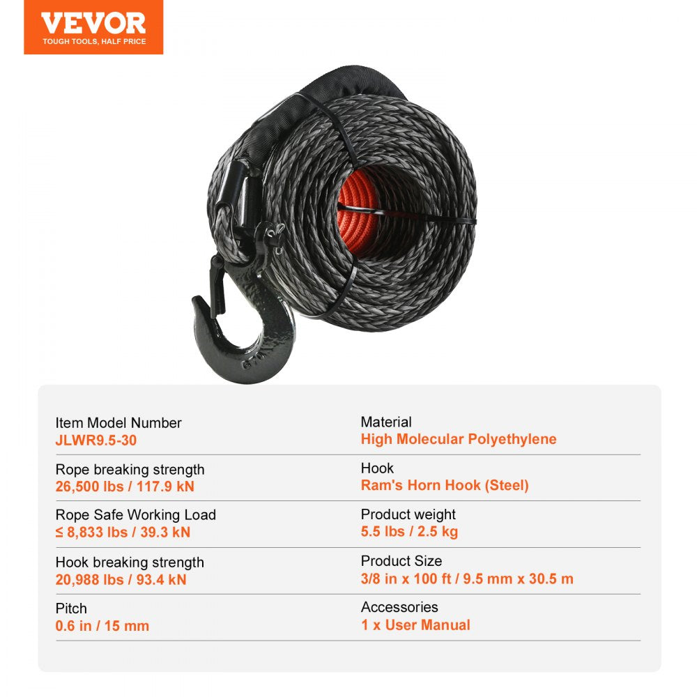VEVOR Synthetic Winch Rope, 3/8 Inch x 100 Feet 26,500 lbs Synthetic Winch Line Cable Rope with Protective Sleeve + Forged Winch Hook + Pull Strap, Universal Fit for SUV, Large Off-Road Vehicle, Truck 