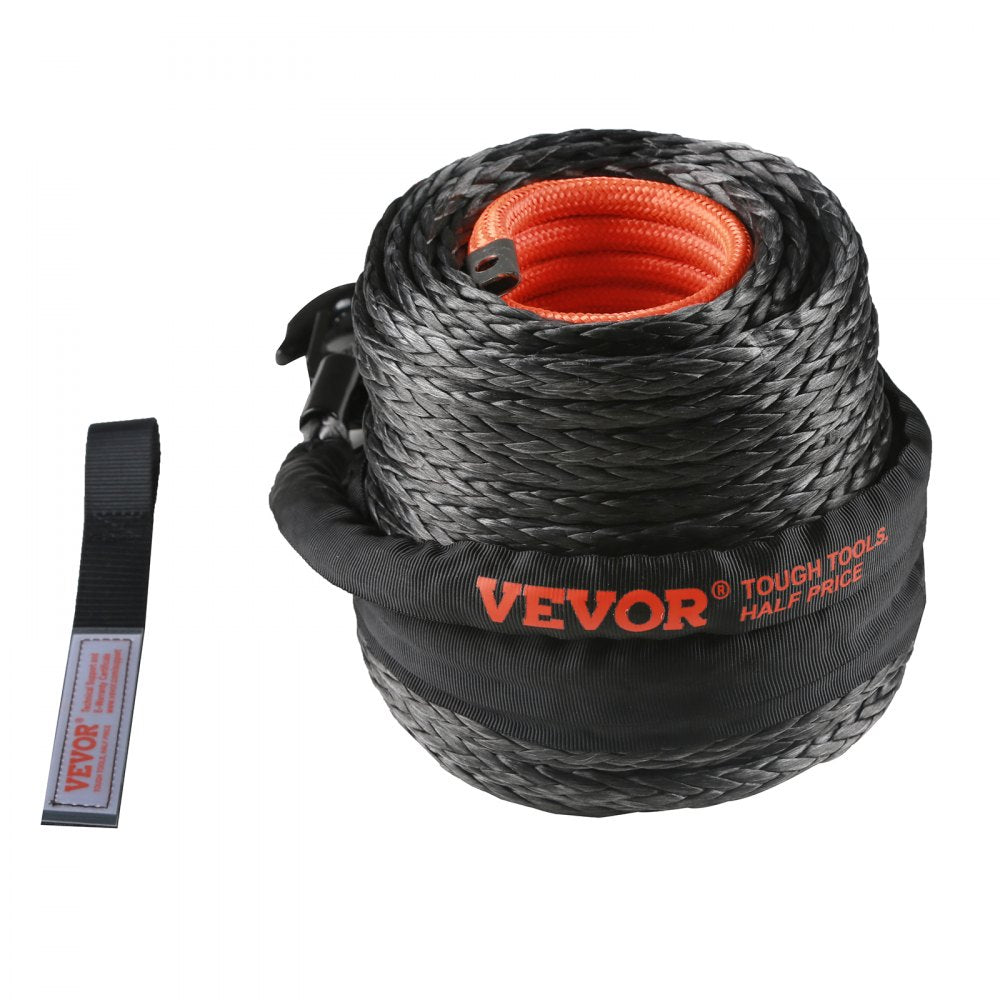 VEVOR Synthetic Winch Rope, 3/8 Inch x 100 Feet 26,500 lbs Synthetic Winch Line Cable Rope with Protective Sleeve + Forged Winch Hook + Pull Strap, Universal Fit for SUV, Large Off-Road Vehicle, Truck 